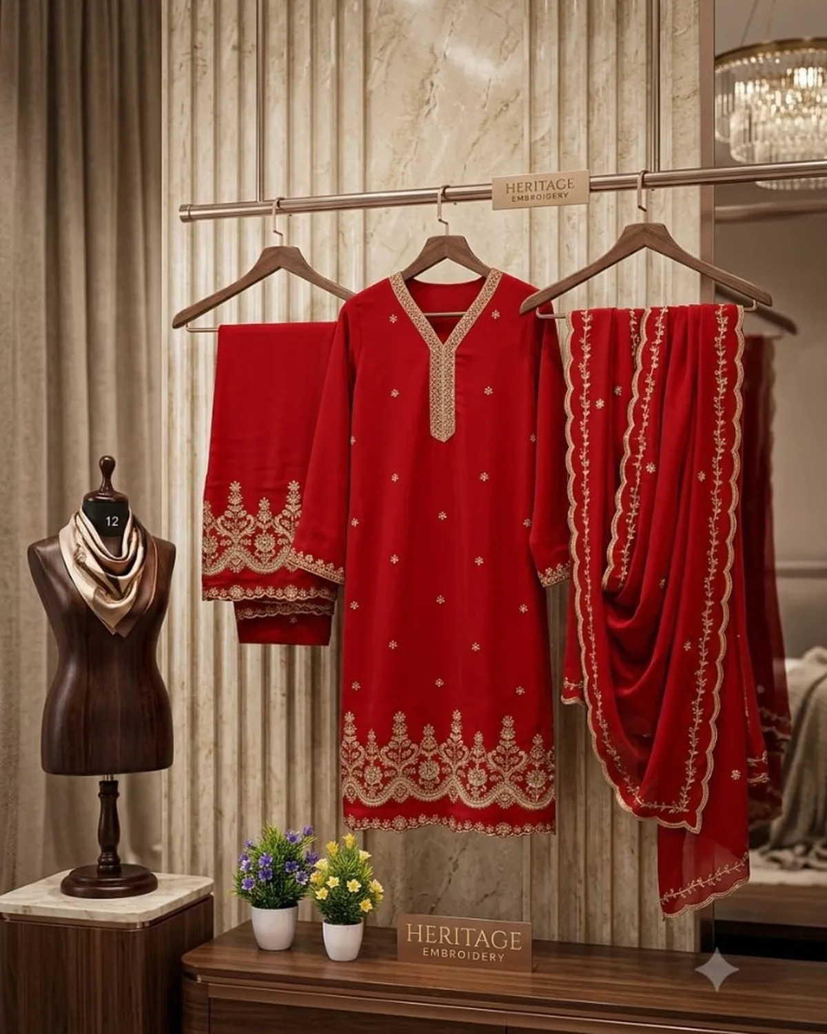 Heritage Red Embroidered Three-Piece Set